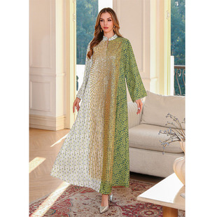 2025夏季新款拼接珠片长袍中东服饰迪拜印花阿拉伯连衣裙Dress