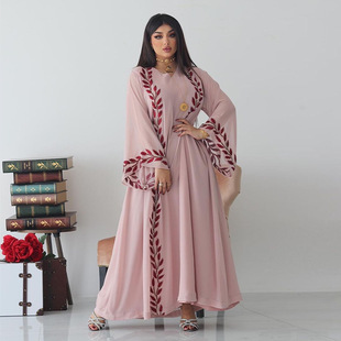 夏季雪纺长款刺绣粉色圆领连衣裙含头巾muslim long dress Scarf