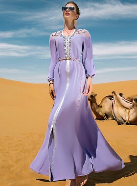 dress紫色仙女裙水钻连衣裙宫廷旅行气质大码长裙muslim dress