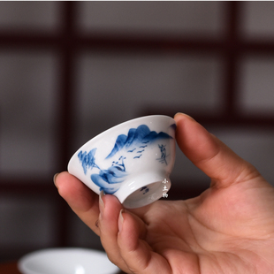 山水杯潮州老瓷手彩手绘品茗杯反口杯枫溪90年代陶瓷工夫茶杯茶具