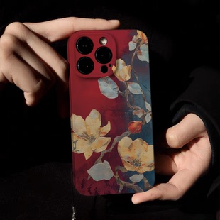 中国红复古花金适用于苹果15promax手机壳国风iPhone15pro液态菲林小米14红米K60华为P60高级感经典 艺术绘画