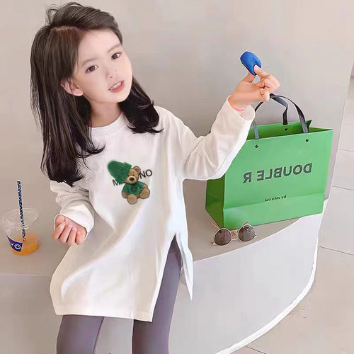 女童洋气开叉圆领中长款t恤