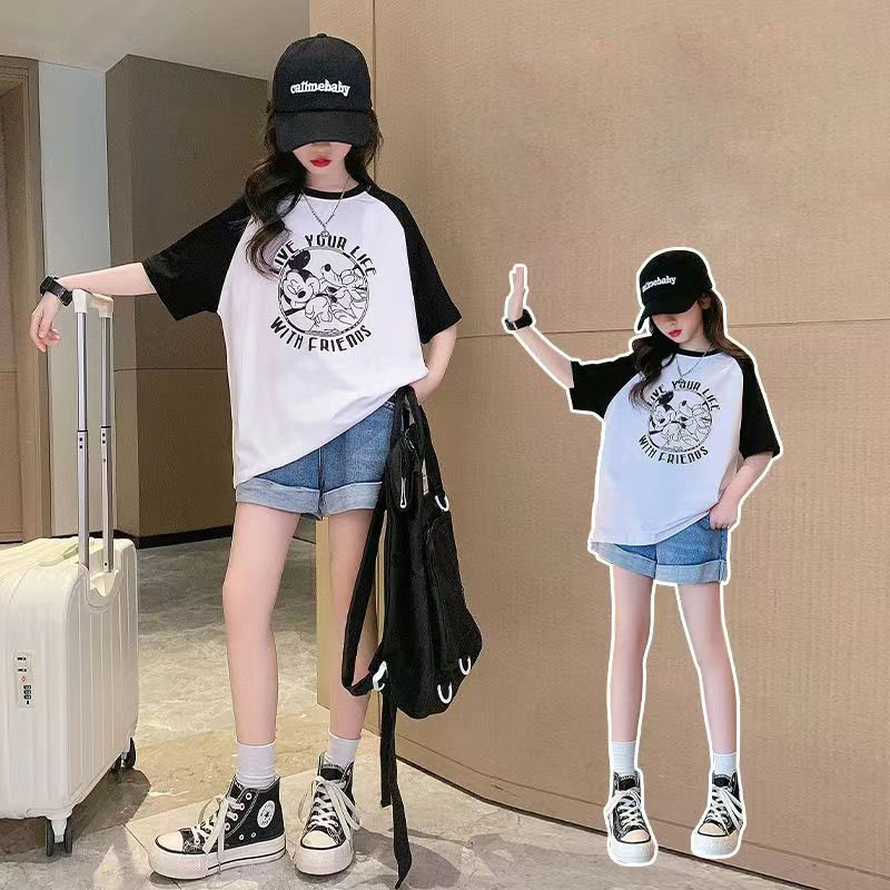 女童夏装韩版圆领卡通短袖t恤夏季新款中大儿童洋气撞色纯棉上衣