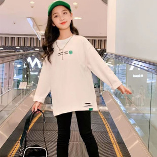 女童长袖t恤秋冬新款中大儿童洋气破洞上衣中长款百搭加绒打底衫