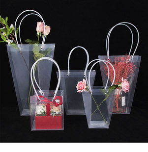 透明pvc手提花袋防水鲜花花束玫瑰包装 昌易 盒梯形手拎插花袋花艺