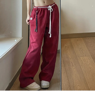 美式复古vibe宽松垂感绑带运动休闲裤男女直筒阔腿松紧腰卫裤长裤