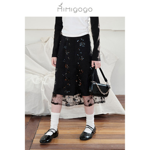 MIMIGOGO人鱼花束亮片设计感网纱双层直筒开衩半身裙4A11 6折