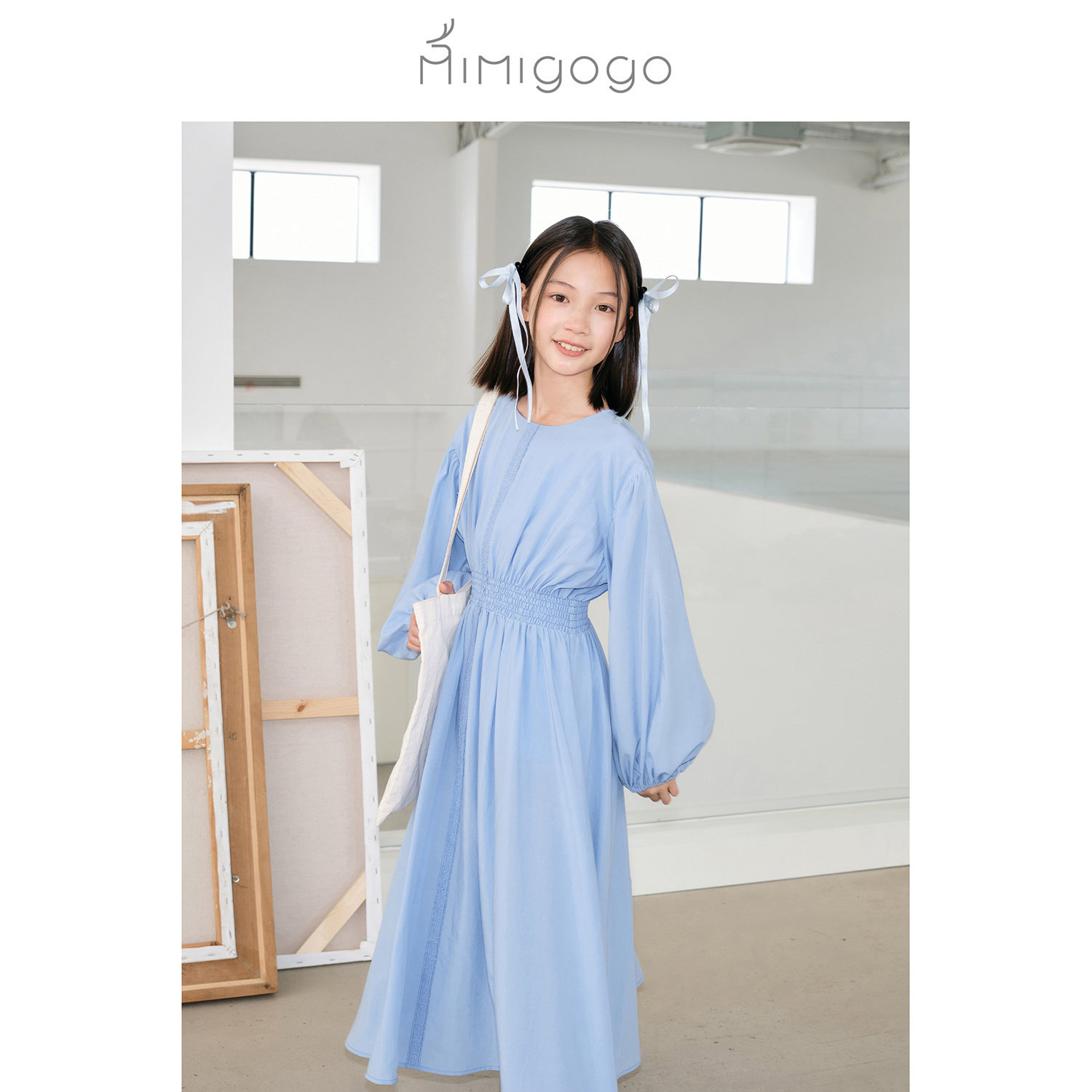 【3折】MIMIGOGO法式少女莱赛尔高腰司马克圆领长袖连衣裙 4D05