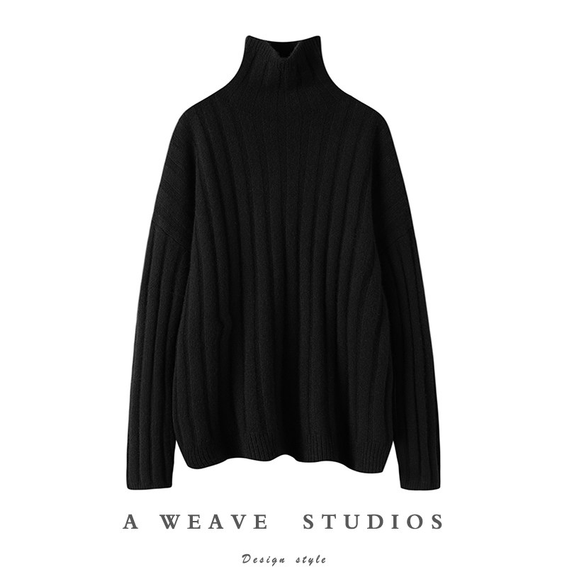 男女黑色粗坑条重磅山羊绒粗棒针织加厚短高领毛衣衫