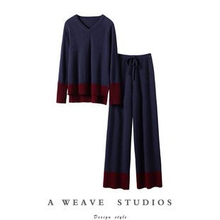 美到窒息！拼色V领毛衣阔腿裤子紫色羊绒套装 羊绒衫 女 纯羊绒