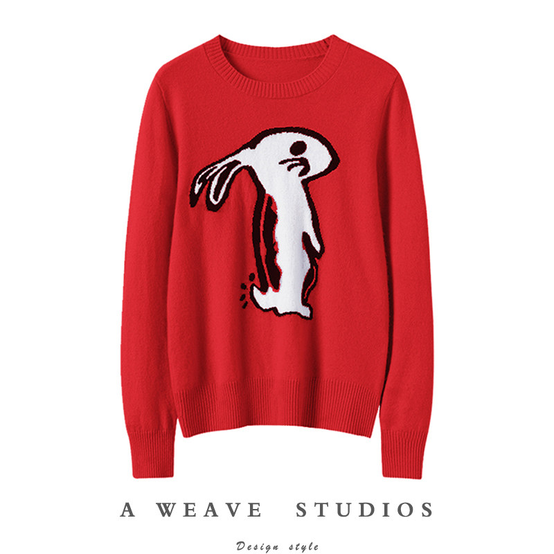 2024秋季新款明星同款少女毛衣纯山羊绒衫浅紫色小白兔子动物图案