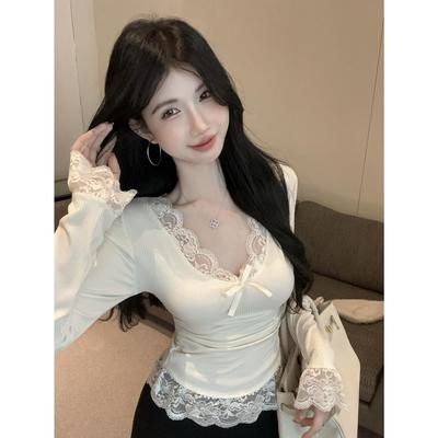 甜辣妹纯欲蕾丝边长袖t恤女秋