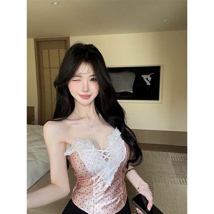 纯欲辣妹花边蕾丝V领抹胸背心女收腰显瘦一字露肩蝴蝶结波点上衣