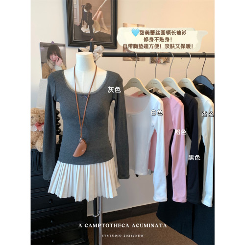 5081#带胸垫 人棉磨毛 蕾丝花边U领上衣女长袖修身内搭T恤打底衫