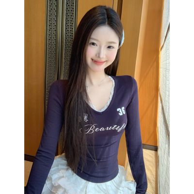 美式复古辣妹长袖V领印花T恤