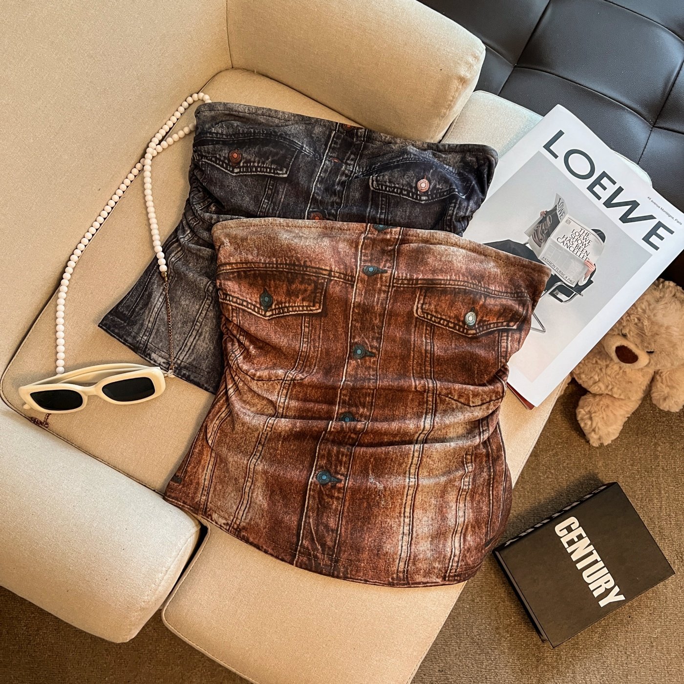 美式辣妹扎染牛仔一字肩抹胸小背心复古性感侧开叉美背上衣带胸垫,女装/女士精品,抹胸,淘宝优惠券,粉丝福利购,淘宝优惠卷