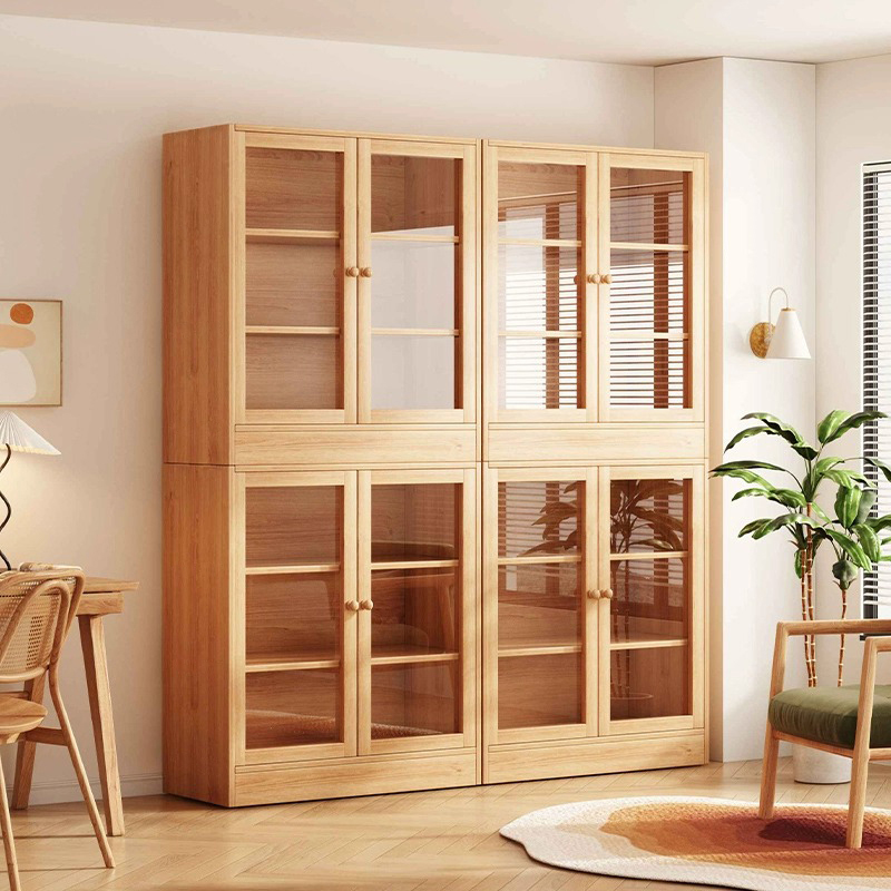 实木书柜储物柜带透明门自由组合柜子一体家用客厅靠墙展示柜定制