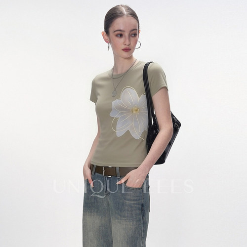 尢壹/UNIQUE'EEES【雾感花卉】花卉印花正肩T恤U6211305