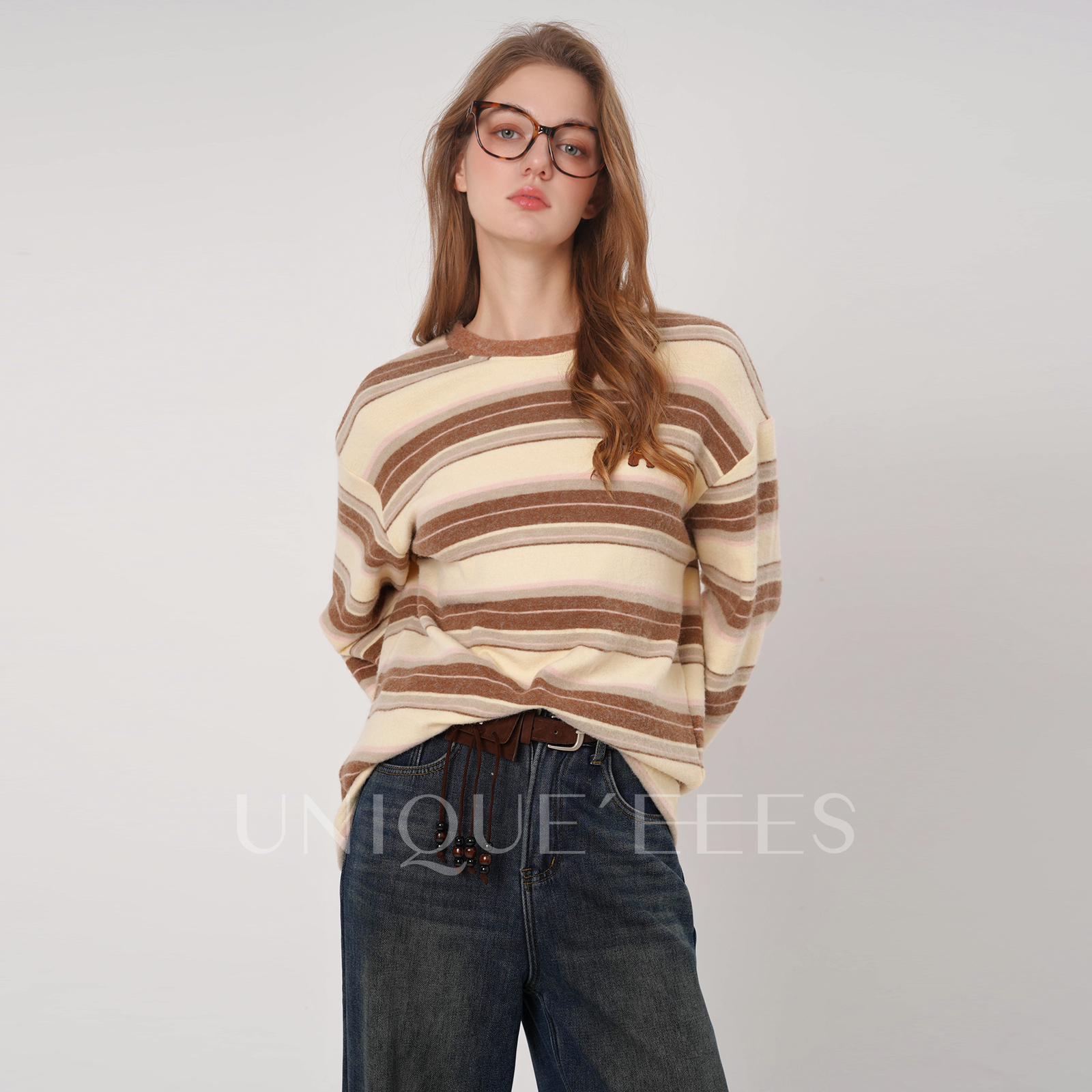 尢壹/UNIQUE'EEES【治愈系列】韩系撞色条纹磨毛小马T恤U5508010