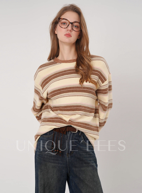 尢壹/UNIQUE'EEES【治愈系列】韩系撞色条纹磨毛小马T恤U5508010