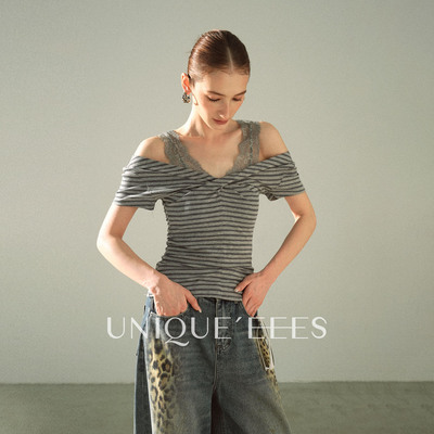 UNIQUE'EEES【纯欲感芭蕾】纽结蕾丝交叉条纹T恤U6211733