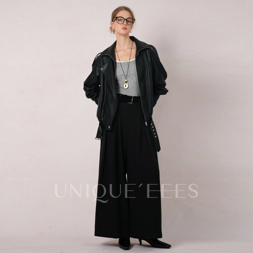 尢壹/UNIQUE'EEES【Y家同款】巴恩风双层领廓形皮衣外套U5518003