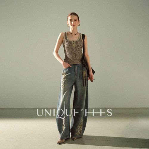 尢壹/UNIQUE'EEES【野序豹纹】黄泥渐变豹纹弯刀牛仔裤U6214711