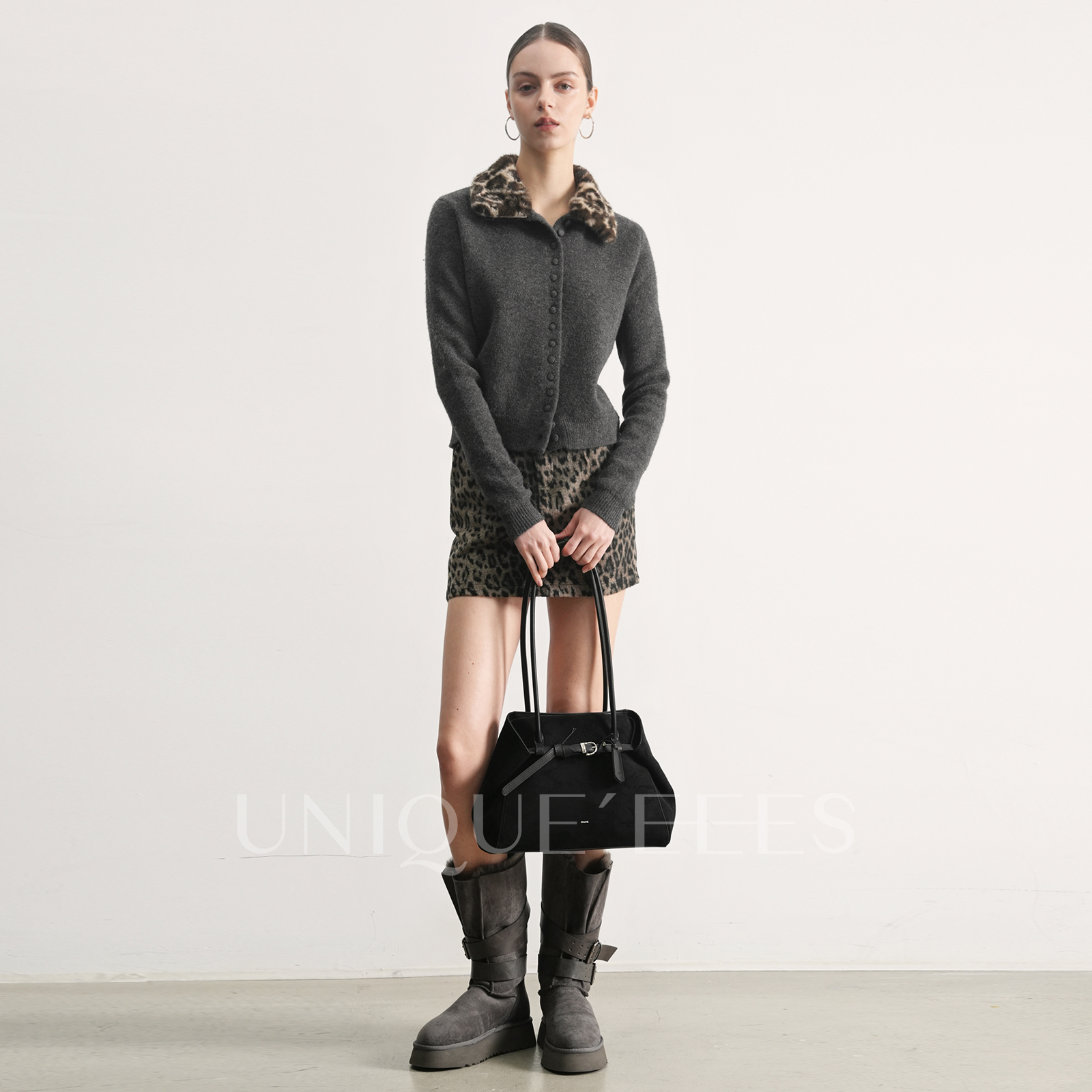 尢壹/UNIQUE'EEES【豹力美学】时髦摩登翻领豹纹针织衫U5508218