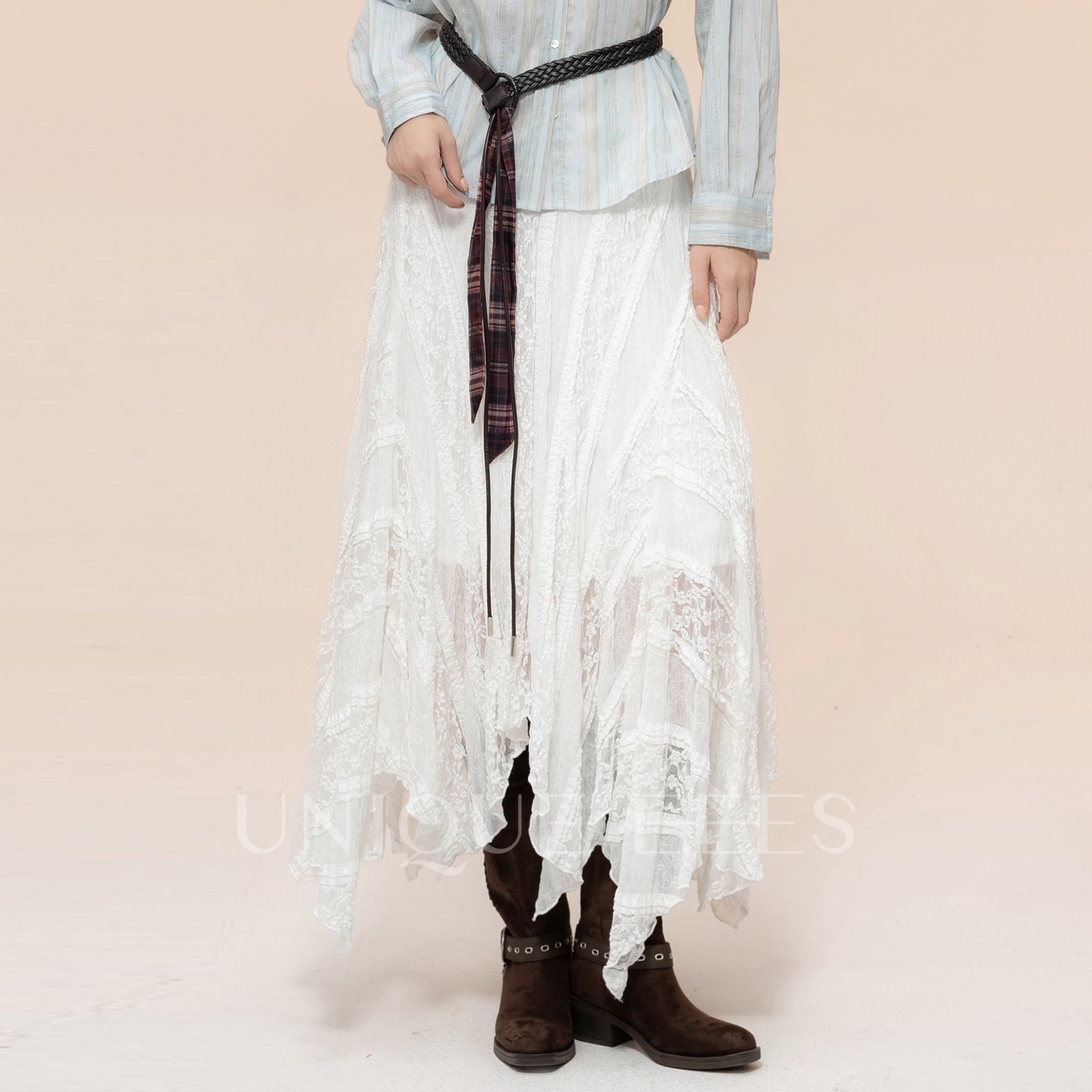 尢壹/UNIQUE'EEES【蕾丝拼接】松紧腰设计感不规则半身裙U5315110