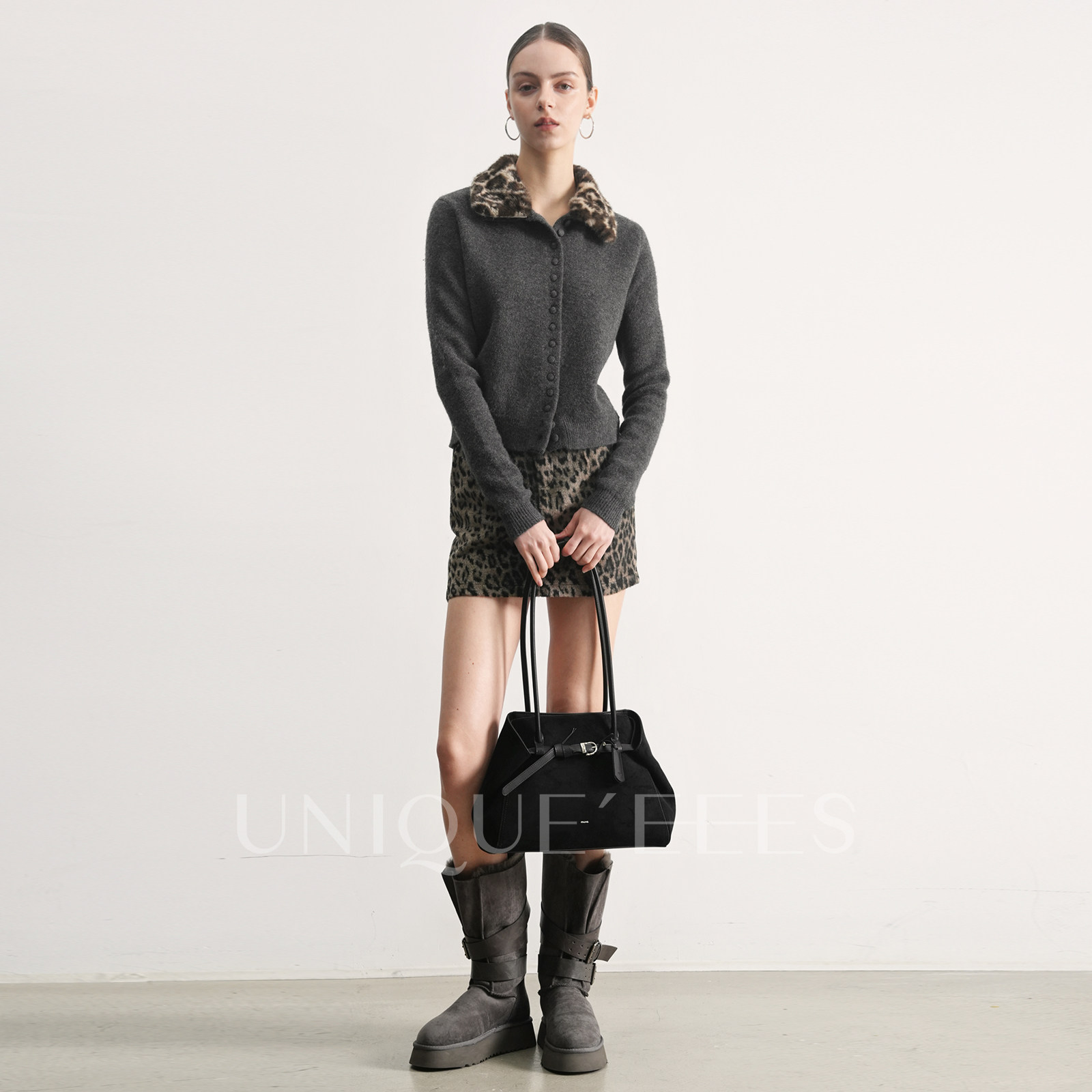 【廖廖粉丝专享】尢壹/UNIQUE'EEES摩登翻领豹纹针织衫U5508218