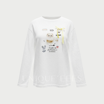 尢壹/UNIQUE'EEES【Chao舒服】韩版珍珠小猫棉麻感T恤U6111001
