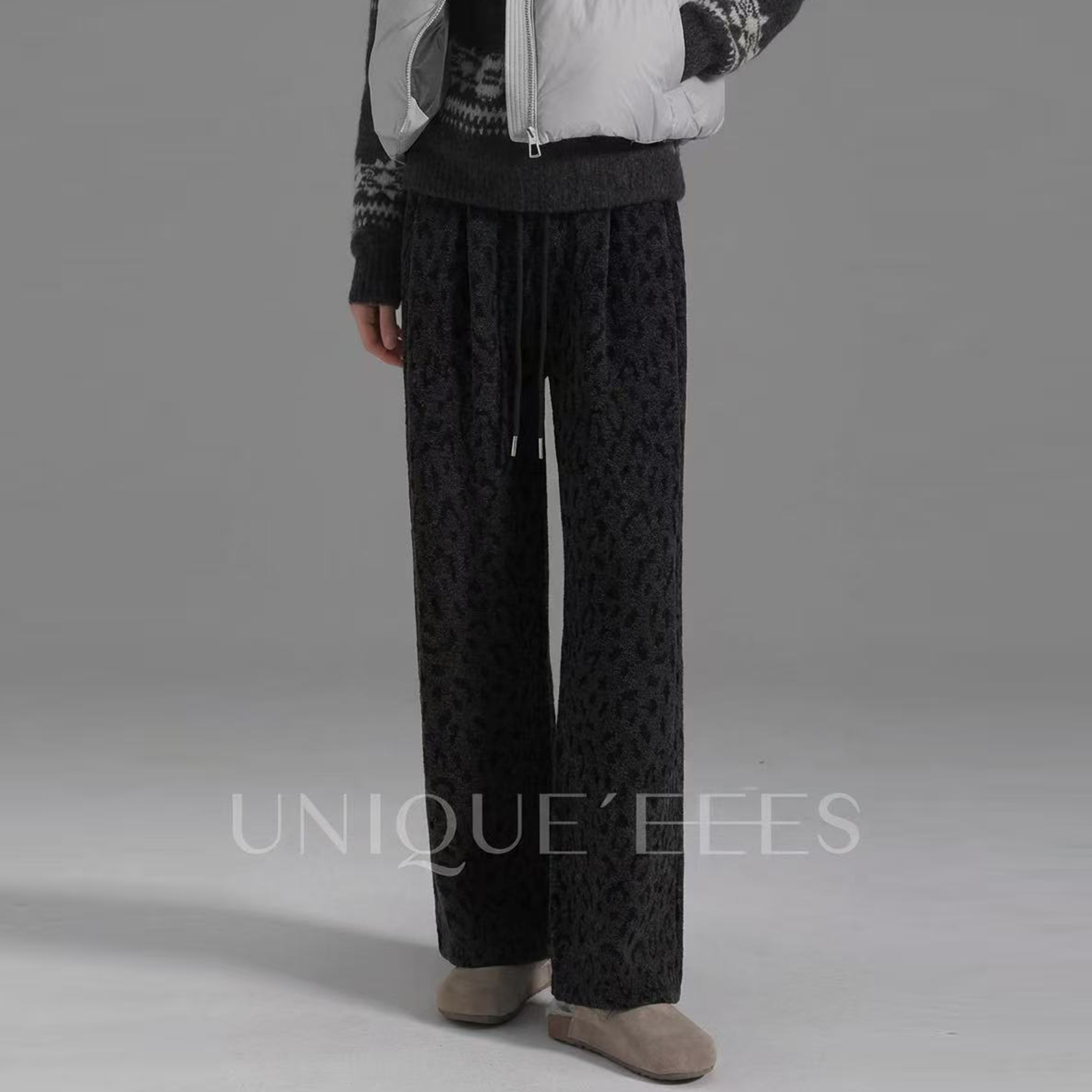 尢壹/UNIQUE'EEES【松弛感神裤】灰色豹纹松紧腰阔腿裤U5514209