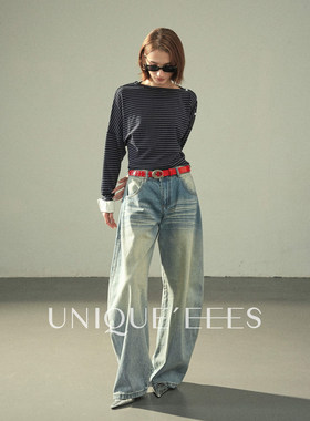 尢壹/UNIQUE'EEES【智性职场】一字领斜肩排扣条纹T恤U6311115