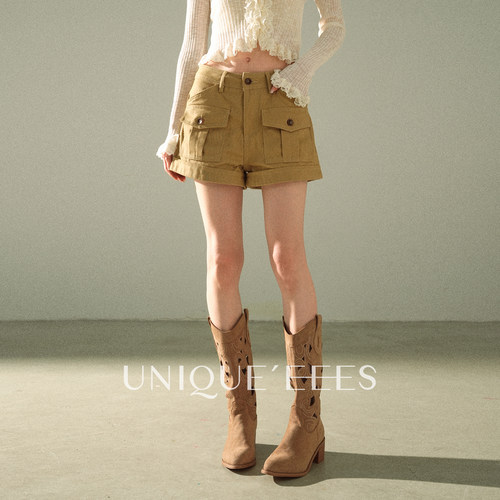 尢壹/UNIQUE'EEES【加州女孩】美式高腰A字工装卷边短裤U6214704