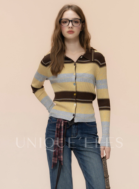 尢壹/UNIQUE'EEES【黄油可露丽】复古撞色翻领针织衫U5308111
