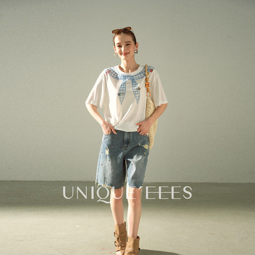 【参加】UNIQUE'EEES【非正式学院】卡通领结印花圆领T恤U6211708