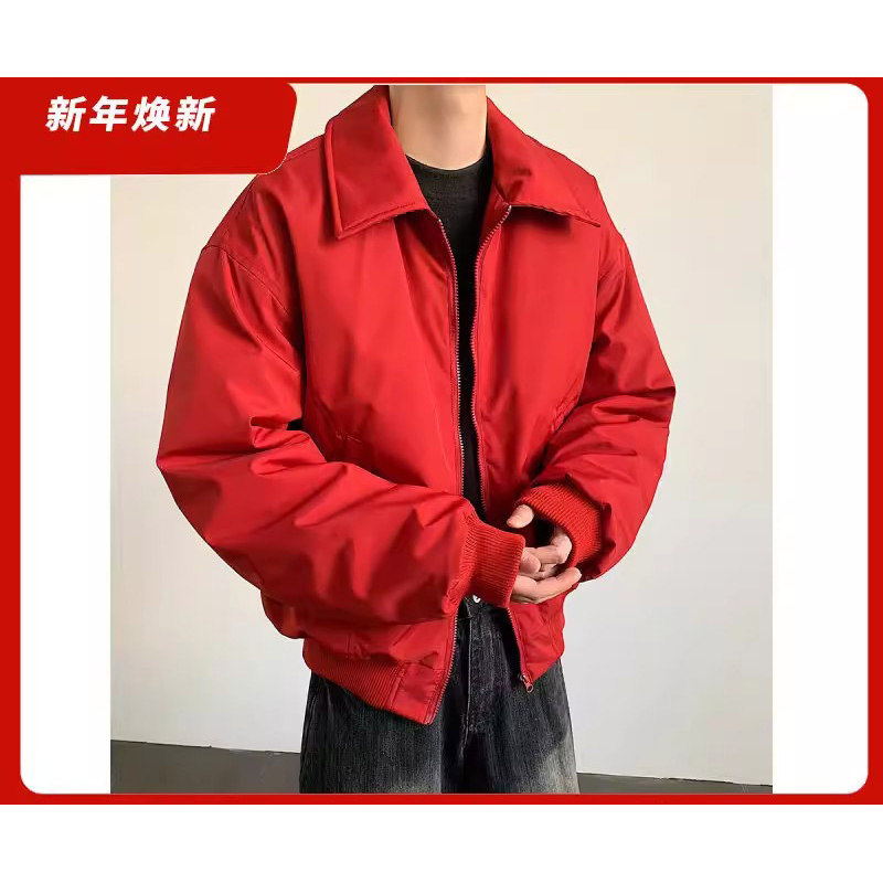 潮牌红色外套男冬季新款加厚保暖大码短款翻领cleanfit夹克棉衣服