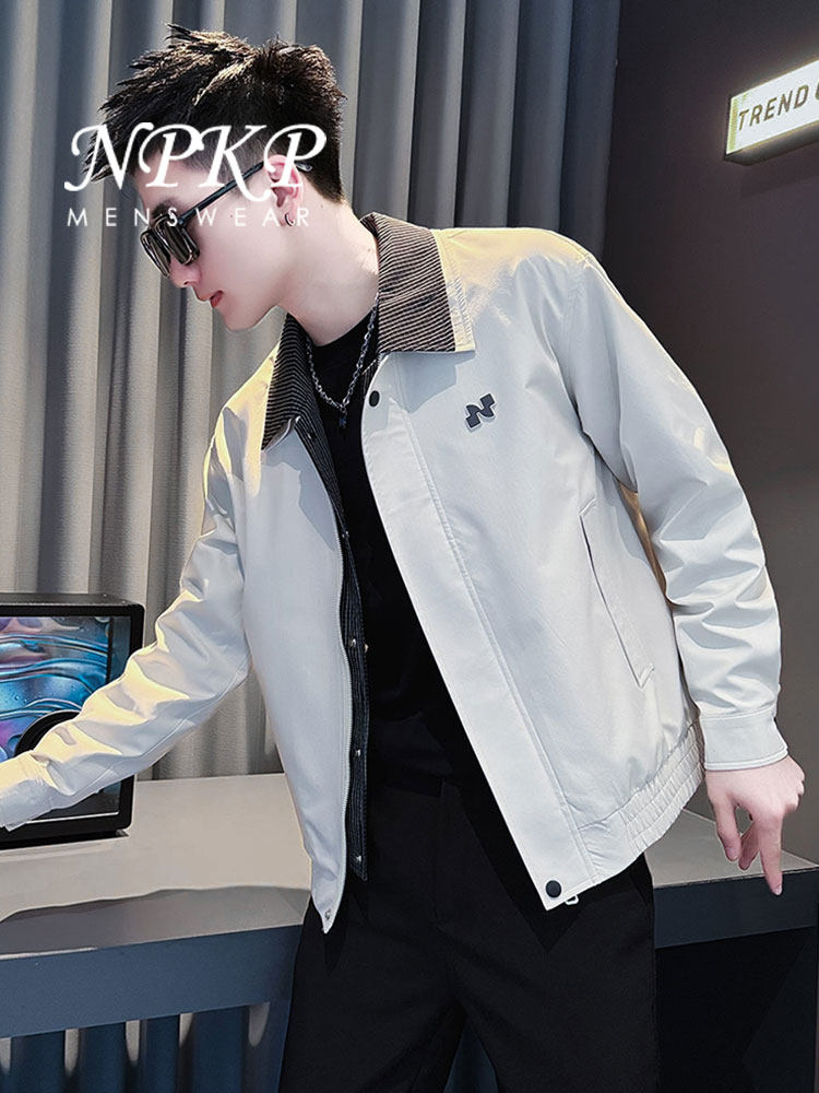 假两件外套男士春秋季新款休闲翻领短款夹克上衣潮牌帅气男装秋装