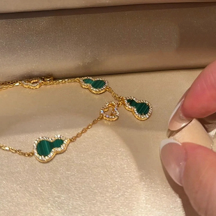 S925银招财孔雀石福禄葫芦手链女纯银春夏轻奢小众高级感精致手串