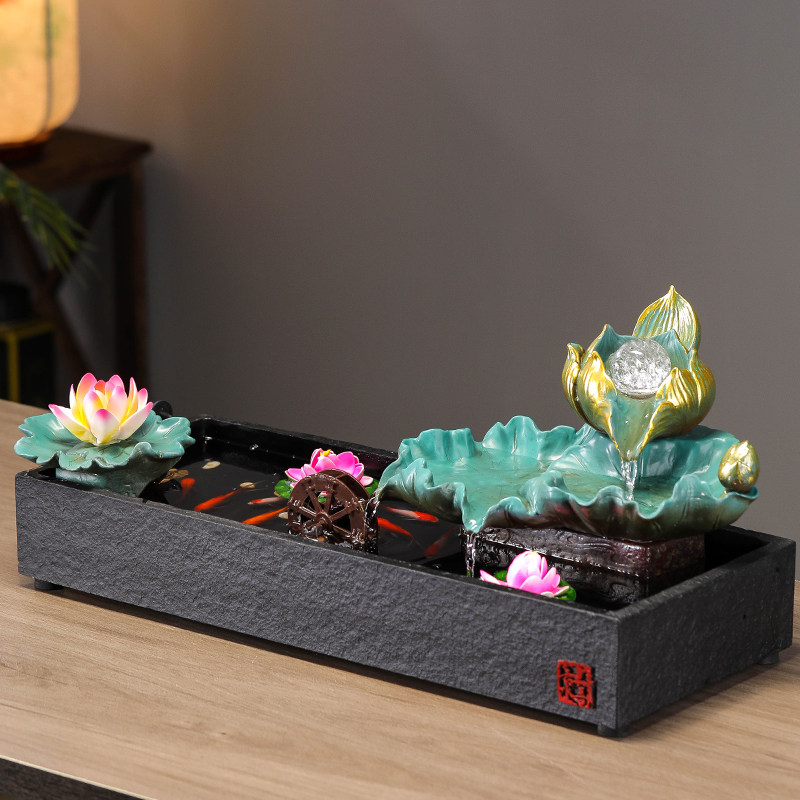 招财流水摆件陶瓷鱼缸造景中式客厅茶几生财循环水喷泉桌面加湿器