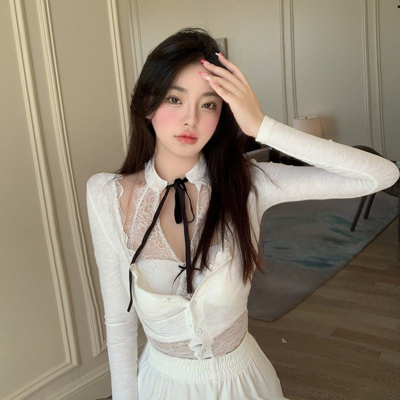 网红炸街套装女挂脖抹胸背心内搭纯欲风蕾丝上衣外穿配针织防晒衫