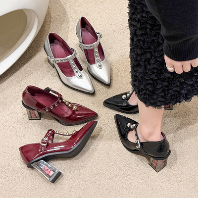 35-42码 大码粗跟高跟鞋41新款复古皮带扣厚底玛丽珍鞋子女jk单鞋