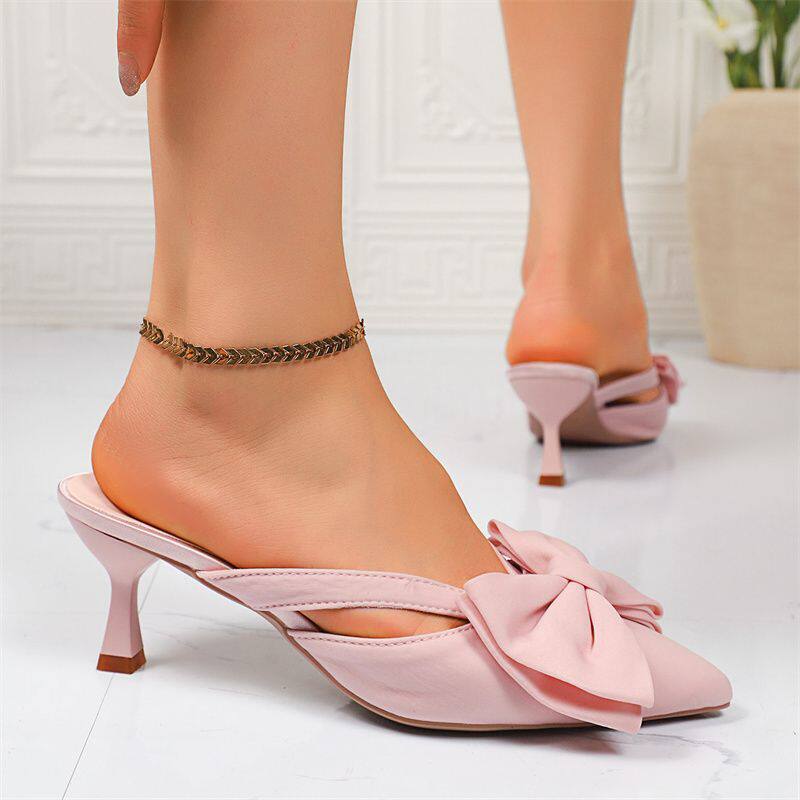 36-43码 大码女鞋42仙女法式尖头半拖鞋41新款蝴蝶结镂空包头拖鞋