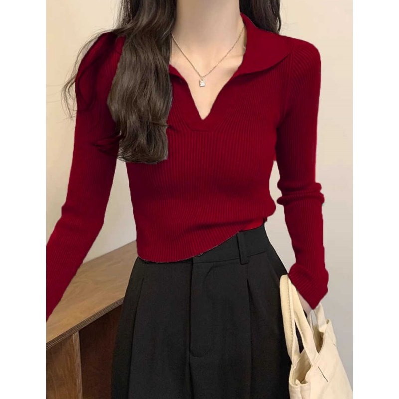 酒红色polo领针织衫女春秋新款修身显瘦打底衫高级感短款休闲上衣