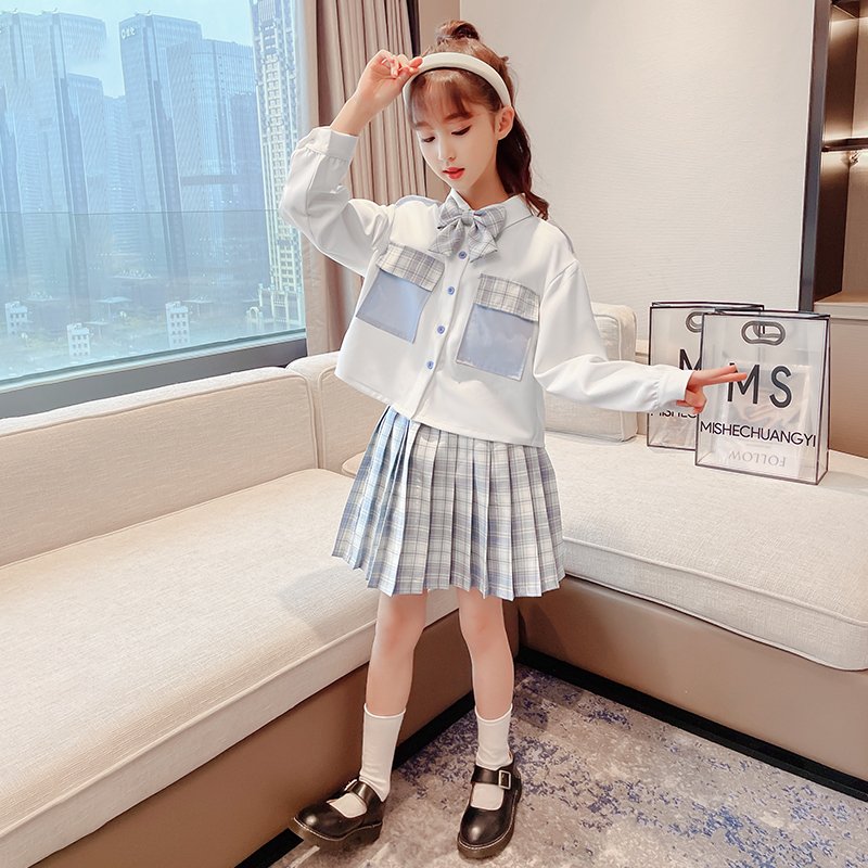 女童中大童秋季2021新款9-12岁女孩蝴蝶结jk制服格子