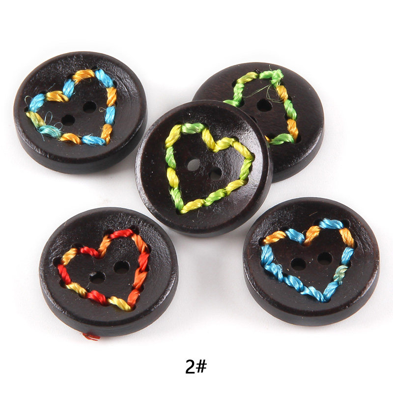 천연 린넨 천으로 나무 단추 점선 색상 복숭아 심장 다섯개 별 나무 단추 DIY 스레딩 복숭아 심장 단추