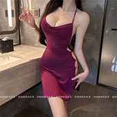 喵：晚棠 性感御姐风吊带裙性感睡衣女荡领露背挂脖高开衩包臀裙