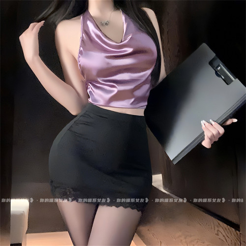 荡领紫色挂脖性感包臀裙OL秘书装