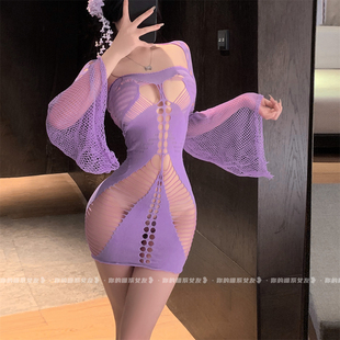 喵：娇妻韵事*性感镂空透视火辣诱惑包臀裙纯欲蝴蝶袖网衣套装女