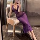 喵：紫色御姐风迷人妩媚性感网纱透视长裙修身 睡裙女火辣约会睡裙